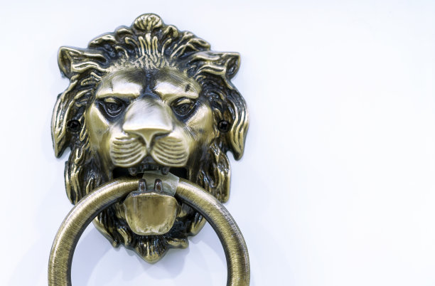 有一个狮头形状的环的门把手。图片下载