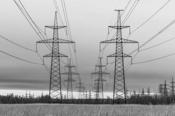 黑色和白色的照片，在蓝天和森林的背景下的农村田野电气主塔与电线图片下载