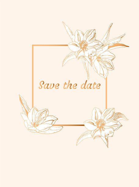 框架与花。黄金的设计。保存日期卡。矢量插图。图片下载