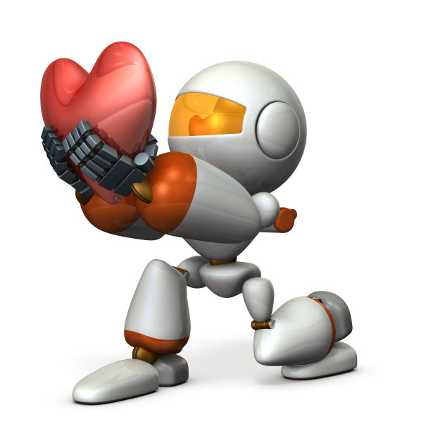 一个可爱的机器人，用忠诚来表示真诚。一个大的心形标记。三维演示图片下载