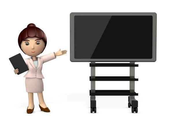 一位年轻的女士正在用电脑显示器和平板电脑做演讲。三维演示图片下载