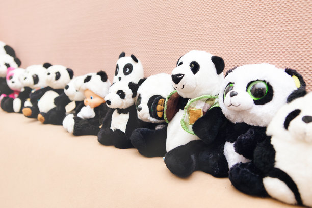 玩具熊猫排成一行，米色背景图片下载