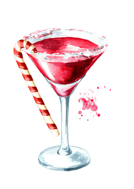 红色圣诞马提尼配拐杖糖。水彩手绘插图，孤立的白色背景图片下载