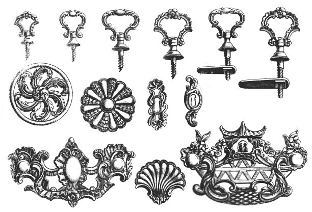 一套黄铜把手，饰有纹章，铰链图片下载