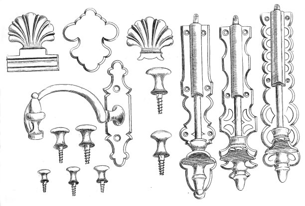 一套黄铜把手，饰有纹章，铰链图片下载