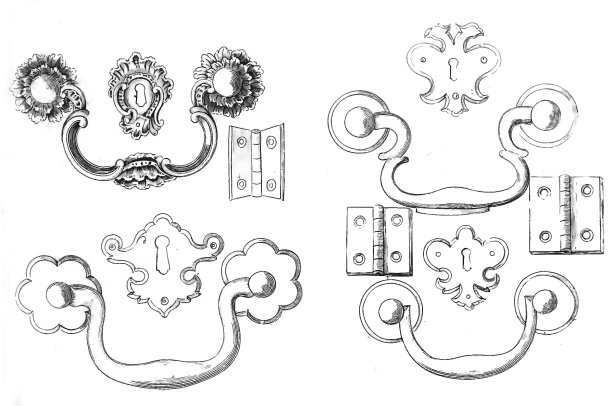 一套黄铜把手，饰有纹章，铰链图片下载