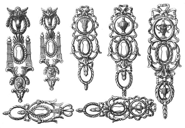 一套黄铜把手，饰有纹章，铰链图片下载