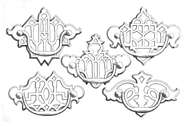 一套黄铜把手，饰有纹章，铰链图片下载