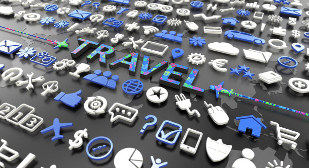 带有3d图标的“旅行”单词图片下载