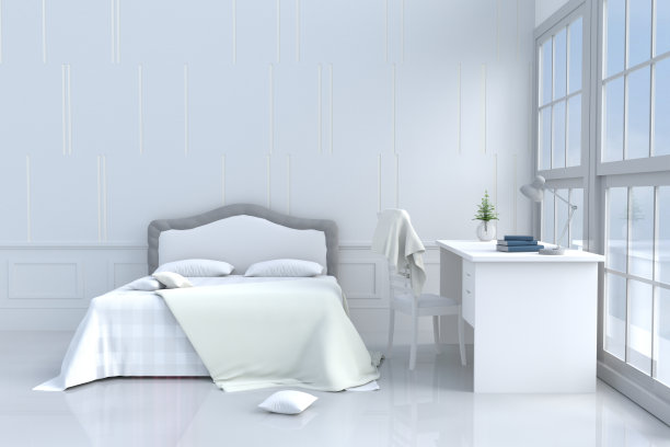 白色的床室装饰与树在玻璃花瓶，枕头，毯子，窗户，天空，灯，书桌，书，床，白色的墙壁是图案，阳光透过窗户进入阴影。3 d渲染。图片下载