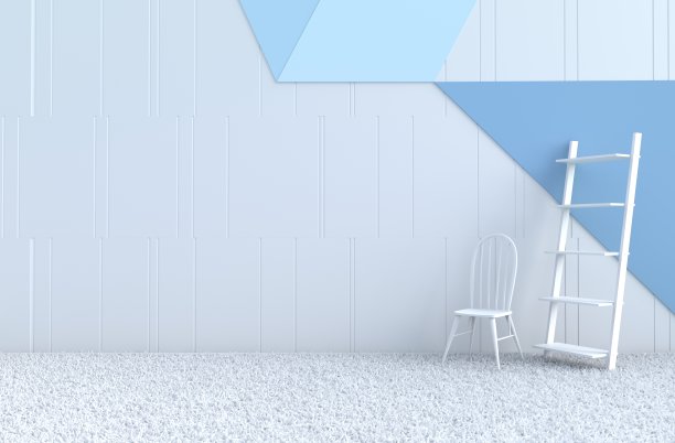白蓝色的房间装饰，白蓝色的墙壁，椅子，灰白色的水泥地板，地毯。圣诞节和新年。3 d渲染。图片下载