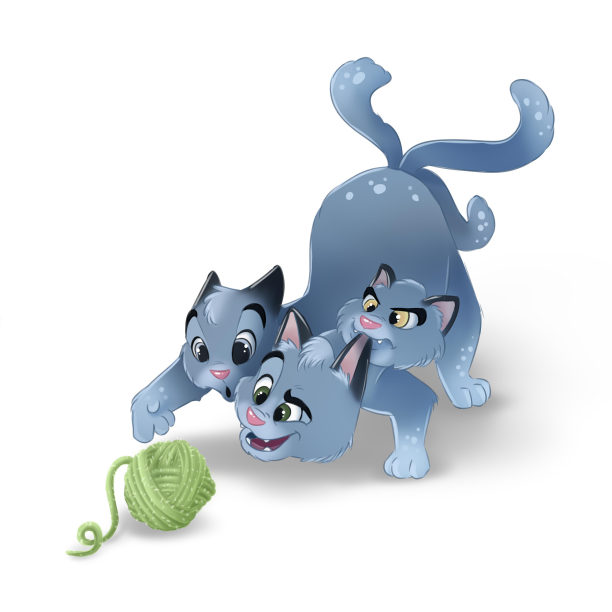 快乐的卡通猫玩毛线球孤立。三头猫插图图片下载