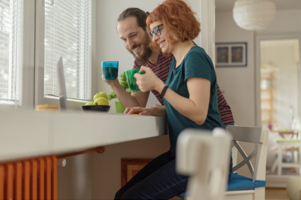 一对年轻夫妇在电脑上工作，面带微笑图片下载