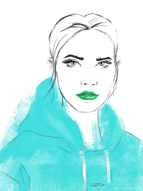 美容时装模特摆姿势。美女肖像女人，时尚模特，漂亮女孩，街头风格，休闲，制作，特写。时尚插画。草图图片下载