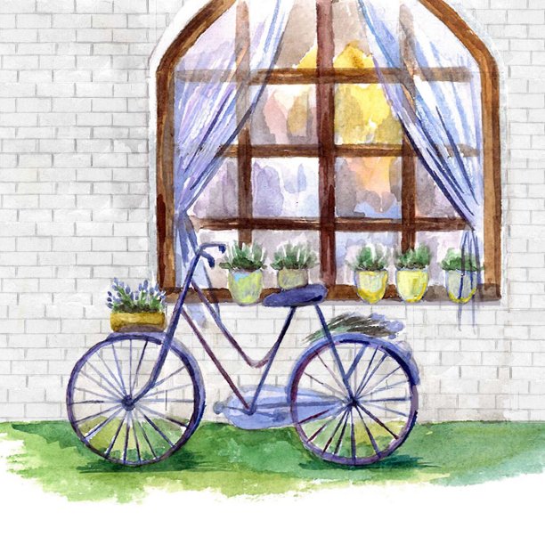 水彩丁香自行车靠近窗户。图片下载