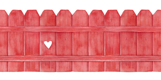 无缝木栅栏水彩画。红色，有可爱的装饰孔;前视图。图片下载