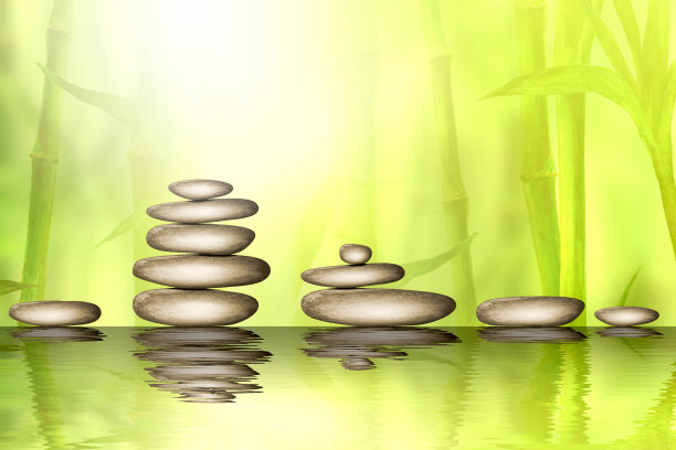 石头和竹林与水spa的背景反射。水彩插图与文字空间图片下载