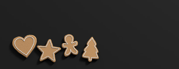 圣诞姜饼，俯视图，黑色背景，横幅图片下载