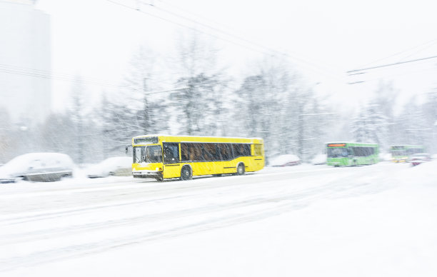 暴风雪中的黄色公交车图片下载