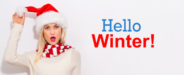 你好冬天与女人与圣诞老人帽子图片下载