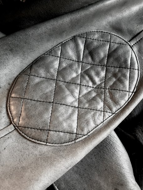 皮夹克细节的近距离照片，包括纹理，纽扣，拉链和针脚图片下载