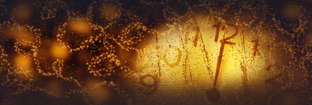 新年快乐的背景与时钟敲十二与星星和闪烁的灯插图图片下载