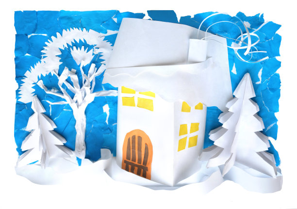 冬天的风景和纸做的房子。纸塑料包围。图片下载