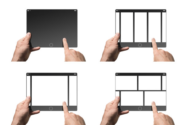 一个男人在用平板电脑。四个显示选项。孤立在白色背景上。图片下载