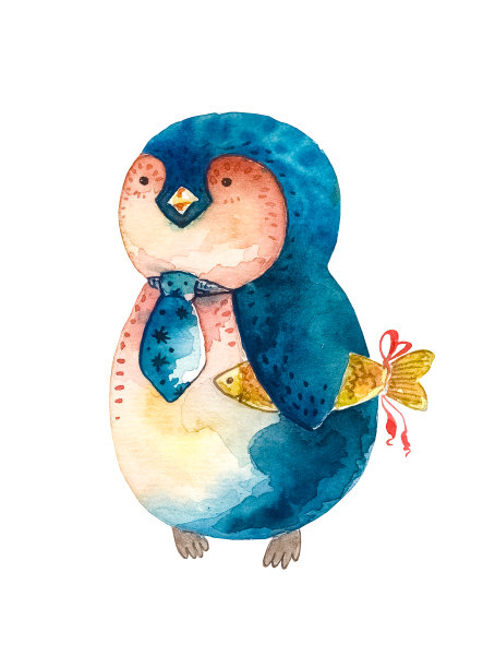 系着领带的卡通企鹅，手里拿着金鱼。白色背景。图片下载