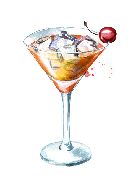 曼哈顿鸡尾酒。水彩手绘插图孤立的白色背景图片下载