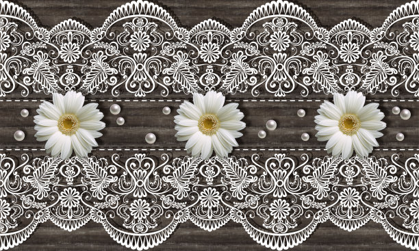 3d壁纸，洋甘菊，梨和白色装饰花边的木质背景。图片下载