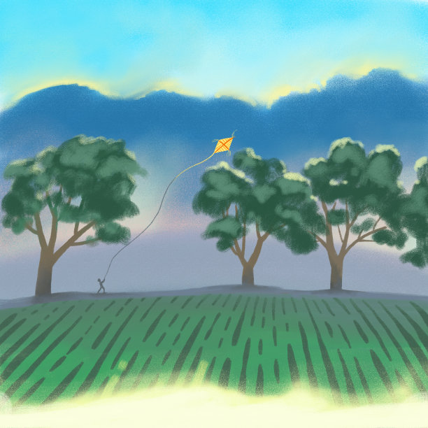 夏天或春天阳光明媚的森林树木和绿色的草。有田野和树木的绿色景观。一个人在放风筝素材图片