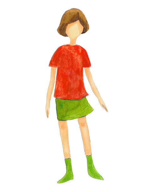 水彩画上的时尚女孩穿着红绿相间的白衣服图片下载