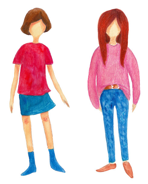 两个水彩画的时尚女孩穿着牛仔裤上一件白色的衣服图片下载