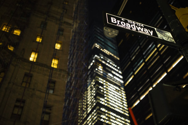 (选择性聚焦)百老汇的标志在晚上照亮在曼哈顿，纽约。背景上模糊的建筑。图片下载