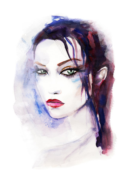 水彩。美丽的女人的脸。手绘时尚插画。图片下载