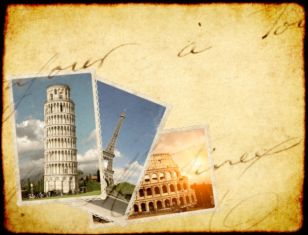 复古旅行背景与欧洲地标的复古照片图片下载