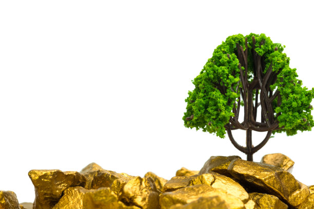 树上生长着成堆的金块，成长着企业财务投资的概念。图片下载