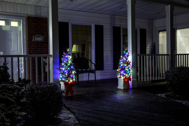 夜晚时间照亮的圣诞灯和装饰在室外圣诞树图片下载