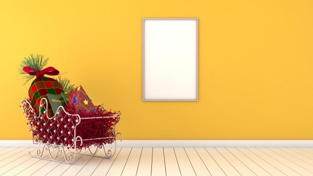 圣诞客厅内部与圣诞礼物，盒子和框架在黄色的墙壁背景。3 d渲染。图片下载