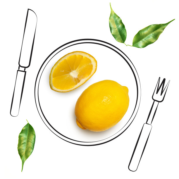 水果组成与新鲜柠檬和卡通可爱的涂鸦元素在孤立的白色背景。创意简约的食物概念。图片下载