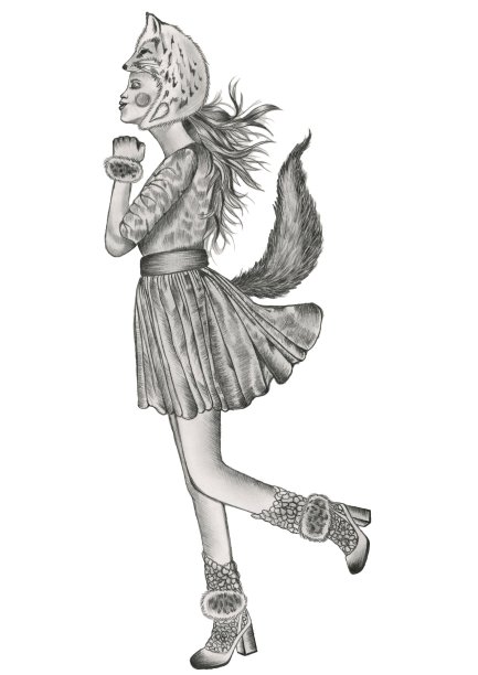 一名女子穿着狐狸服装，单脚站立，摆出亲吻的姿势图片下载