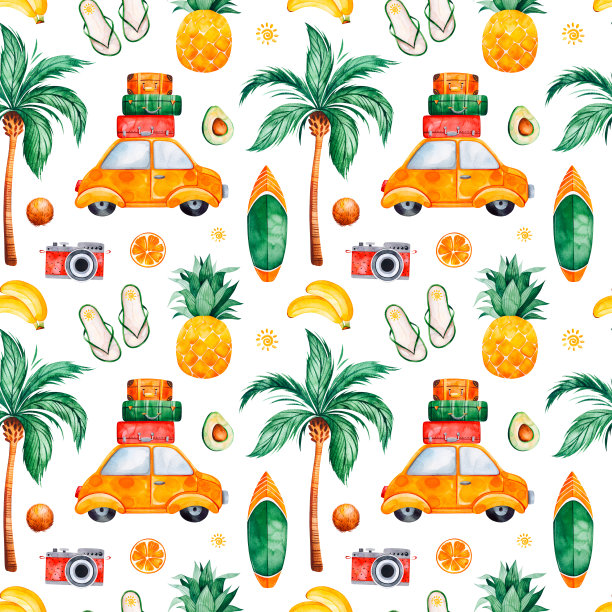 旅游水彩无缝图案有棕榈树、黄色小车、手提箱、菠萝、农奴板图片下载