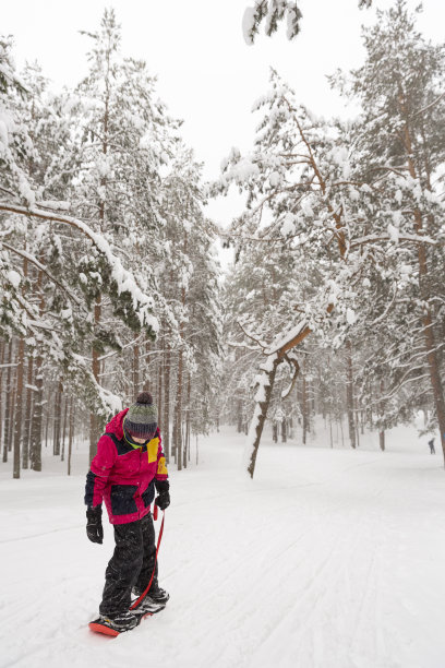 一个穿着冬装的小男孩在冬天的公园里滑雪。孩子在船上学习保持平衡。冬季在户外活动图片下载