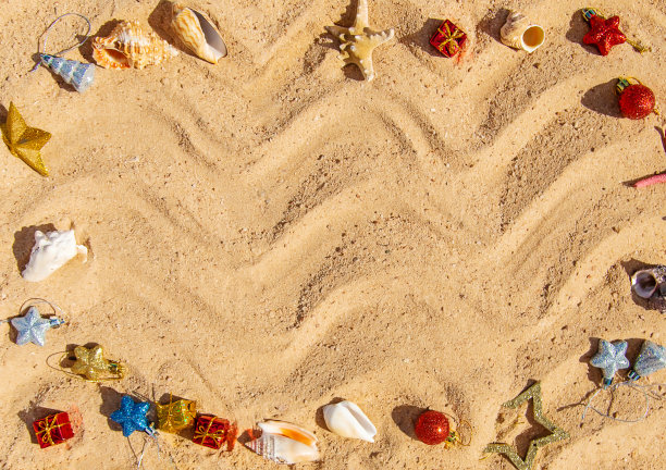 圣诞节的背景在海滩上和贝壳在沙滩上。图片下载