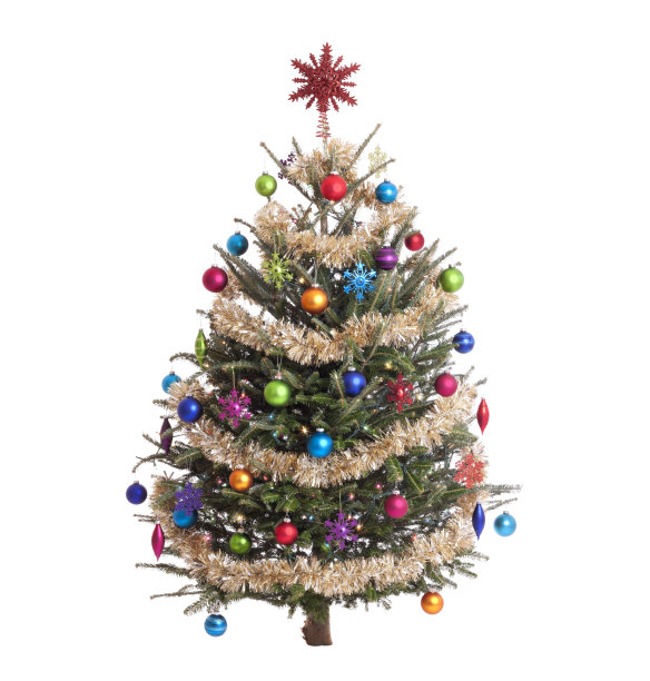 圣诞树装饰与金箔和雪花的装饰品与树顶图片下载