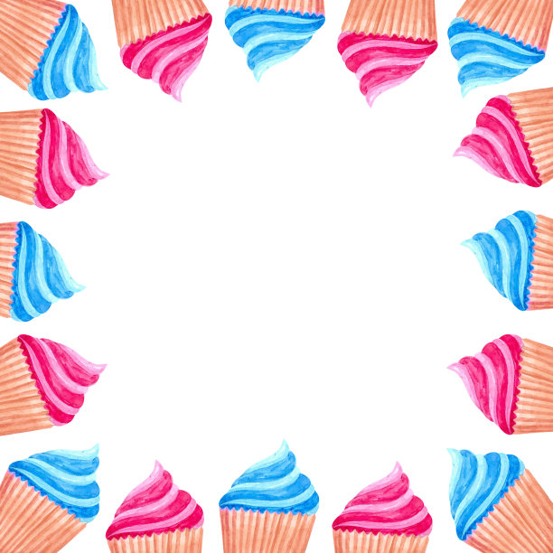 情人节纸杯蛋糕的水彩画框图片下载