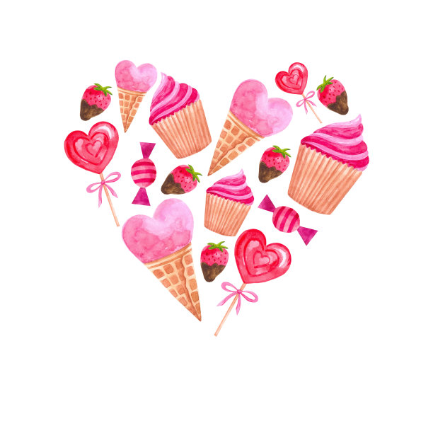 水彩心形糖果，冰淇淋，纸杯蛋糕作为情人节礼物图片下载