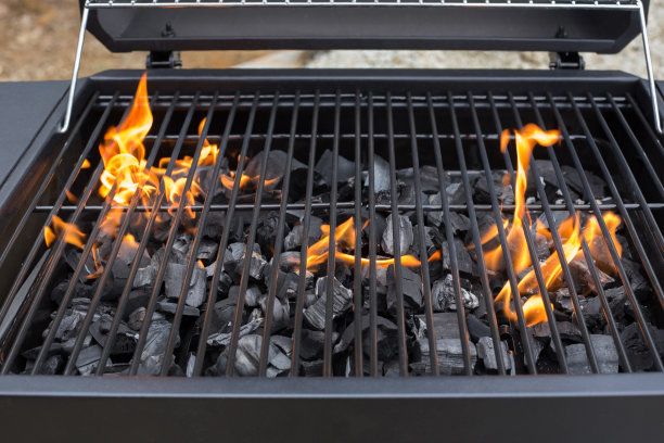 烧烤，烧烤，火，木炭烧烤，特写。清洁的烧烤架，用燃烧的煤炭。做饭烧烤图片下载