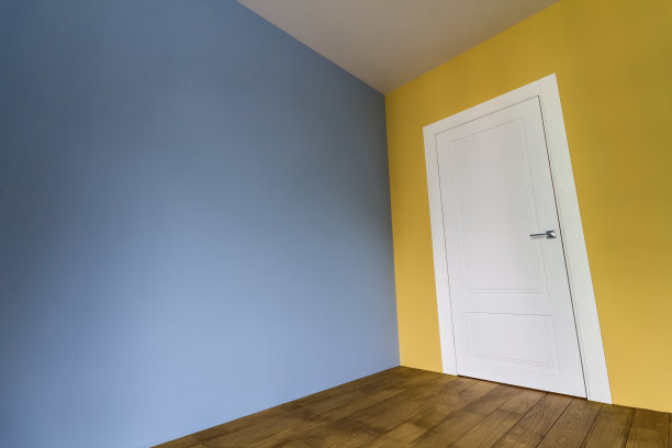 装修后的房间内部粉刷一新，白色的门和木地板图片下载